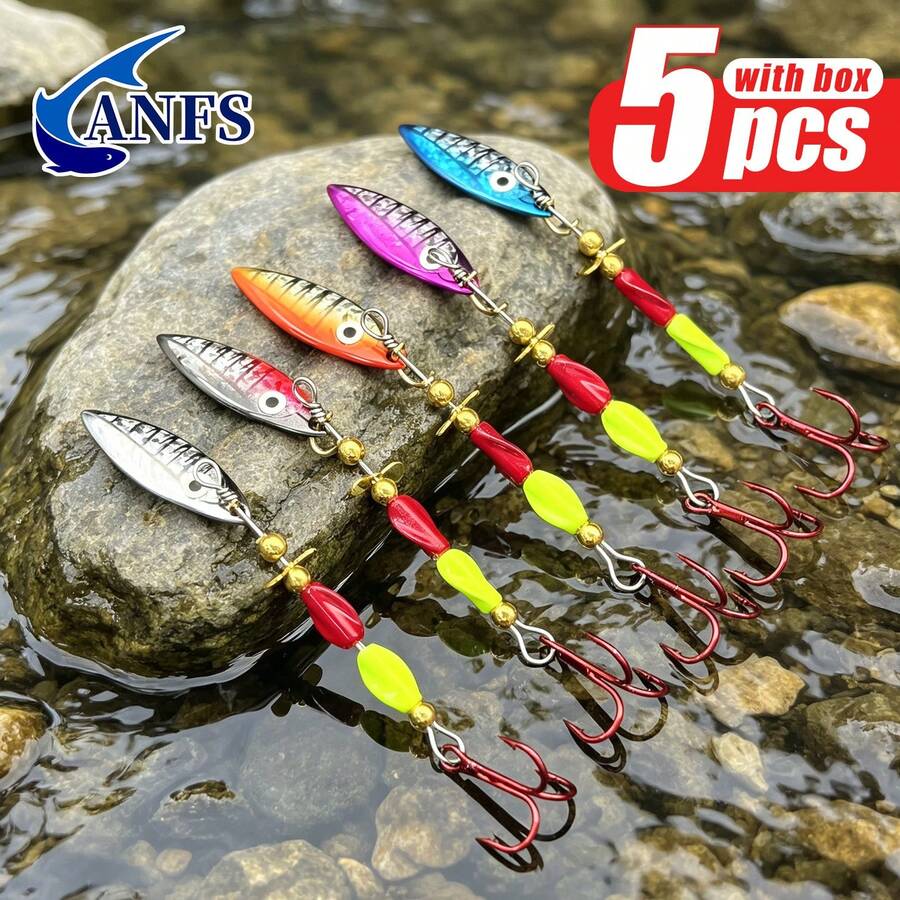 ANFS 5pcs Rotating Fishing Lures With Tackle Box, Bass Trout Salmon Hard Metal Fishing Bait Set