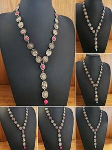 1pc Western Cowboy Style Pink Turquoise Long Necklace, Vintage Distressed Y-Shaped Sweater Chain, Unique Niche Accessory - Necklace - View 1