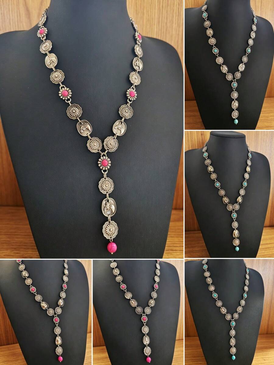1pc Western Cowboy Style Pink Turquoise Long Necklace, Vintage Distressed Y-Shaped Sweater Chain, Unique Niche Accessory - Necklace - View 1