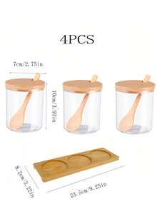 3pcs Moisture-Proof Plastic Seasoning Jars With Lids And Tray, Rust-Proof Kitchen Containers - Wood Color - View 3