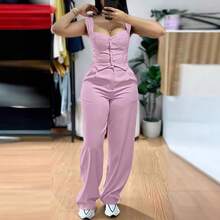 New Women's European And American Style Outfit, Fitted Crop Top With Straps And Wide-Leg Pants, Elegant And Casual Look For Curvy Women - 天藍色 - 查看 7