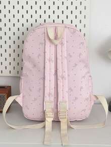 3pcs Nylon Bow Print Backpack Set, Foldable Multi-Pocket Large Capacity Zipper Backpack, Suitable For Teenagers And High School Students - Pink - View 5