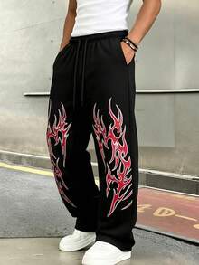 Men's Casual Loose Straight Leg Printed Sweatpants, Spring/Summer - Black - View 2
