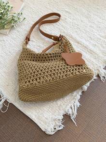 2026 New Woven Bag For Women, Fashion Hollow Breathable Versatile Crossbody Bag, Large Capacity Vacation Beach Shoulder Bag - Khaki - View 5