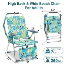 17 Inch Height Beach Chair Adults, Folding Portable Camping Chair With Headrest, Cup Holder, Side Pocket & Bottom Storage Bag,-Position Adjustable Aluminum Beach Chair, Heavy Duty 265 LBS Capacity, Oxford Fabric Beach, Patio, Pool, Haw - 1 - View 4