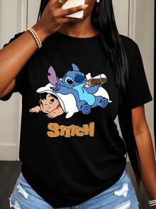 Disney Stitch And Lilo Cartoon Print T Shirt Women Casual Summer Wear Streetwear Style - 黑色 - 查看 1