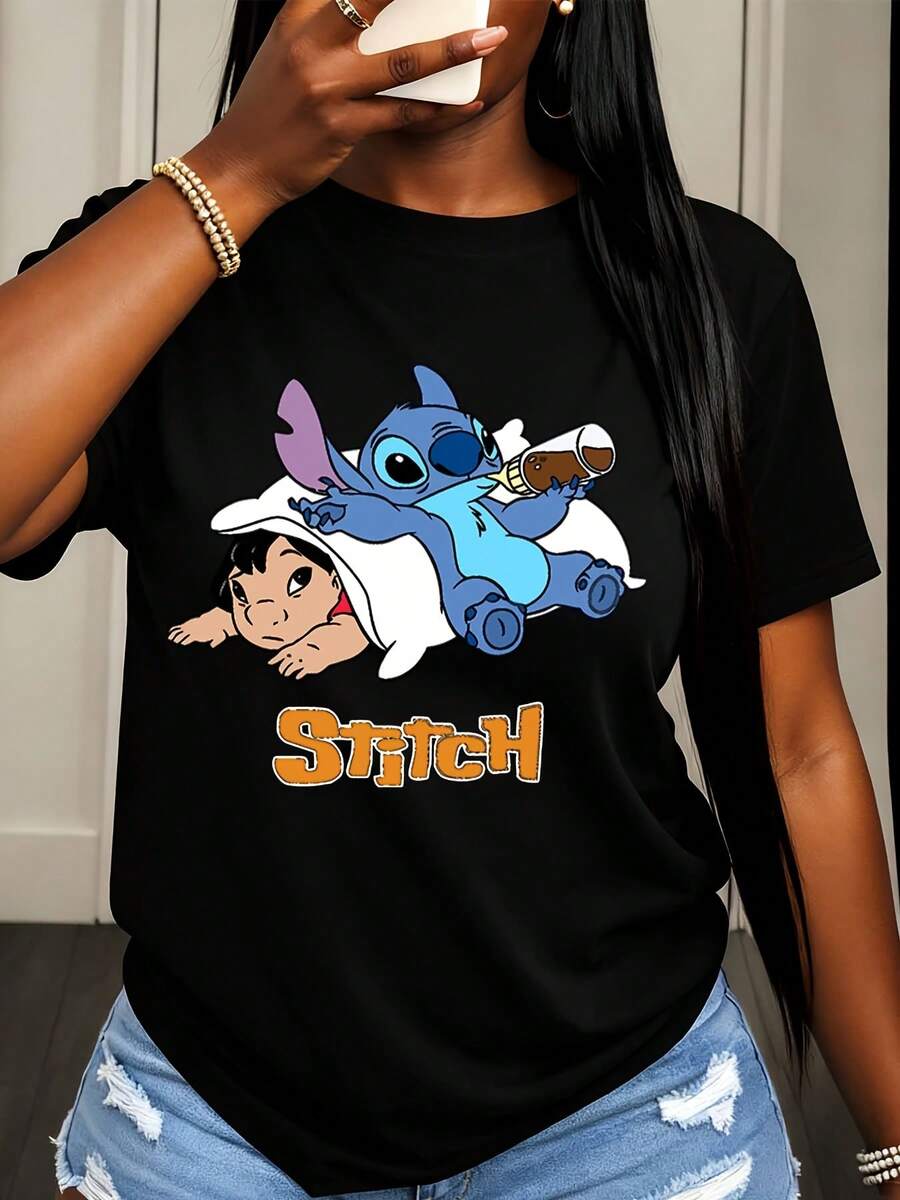 Disney Stitch And Lilo Cartoon Print T Shirt Women Casual Summer Wear Streetwear Style - 黑色 - 查看 1