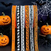 1Pc/2Pcs 1cm*2200cm Halloween Ribbons Spider Web Skull Pumpkin Bat Ribbon For Gift Wrapping Hair Bows Halloween Party Home Decor - Multicolor - View 2
