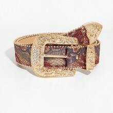 1pc Men's Western Style Matte Carved Belt, Summer Versatile Jeans Accessory, Rock Western Style Belt With Fancy Gold Buckle, Floral Jacquard Strap With Rhinestone Rivets - Multicolor - View 9