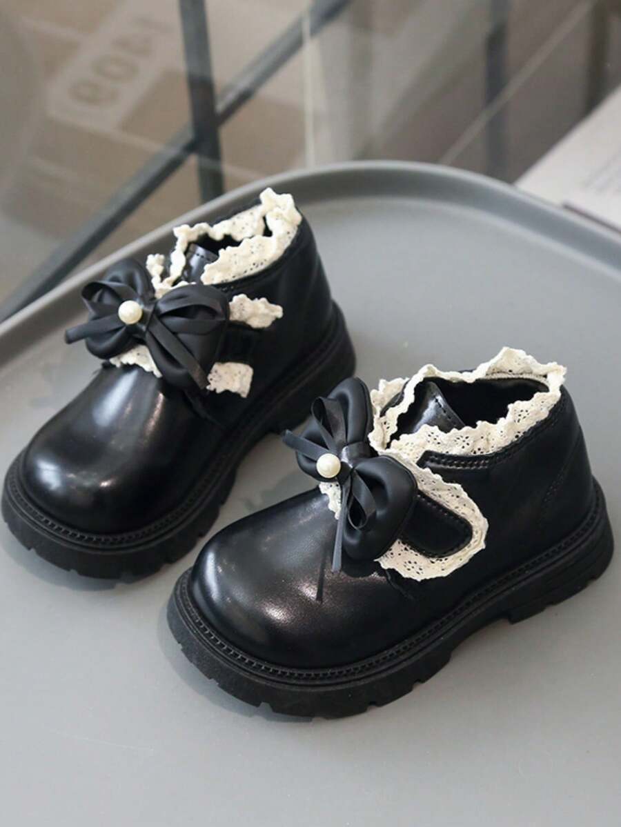Mädchen süße Spitzenbesatz Knöchelstiefel, Schleife & Perlen Dekoration Seitenreißverschluss rutschfeste dicke Sohle Knöchelstiefel, vielseitig für Alltag/Party - Schwarz - Übersicht 1