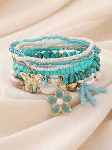 6pcs Bohemian Summer Vacation Style Creative Mix & Match Fashion Personalized Handmade Beaded Bracelet Set With Coral, Butterfly, Plumeria Charms, Layered, Multi-Strand, Elastic, Beaded, Suitable For Women, Bar, Party, Music Festival, Large Gathering, Perfect Gift For Friends And Family, All Seasons, Casual, Commute, Travel, Daily Wear - Flowers/Butterflies - View 14