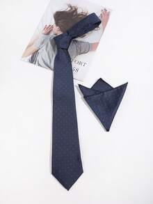 1 Set Men's Casual Polka Dot Pocket Square And Solid Color Hand-Tied Tie, Suitable For Banquets, Daily Commute, Versatile - Multicolor - View 5