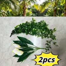 2pcs Set Artificial Peace Lily And Mandara Vine Combination, Suitable For Outdoor Garden Hanging Decor, Archway Styling, Window Sill Display, Wedding And Patio Decoration - Multicolor - View 9