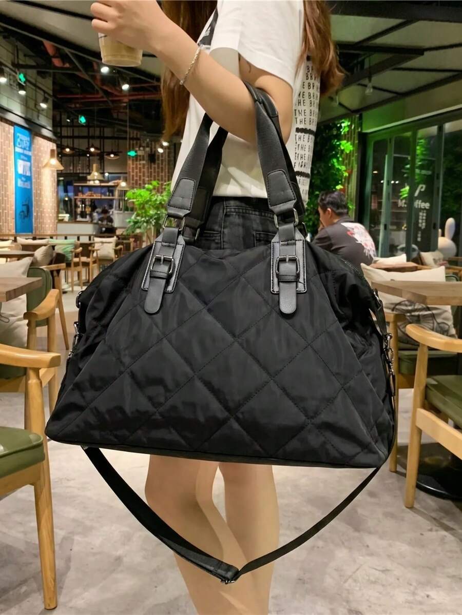 女款厚網格肩背包,大容量休閒極簡手提包,純色拼接設計,可拆卸肩帶 - 黑色 - 查看 1
