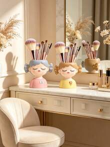 1pc Kawaii Resin Girl Head Makeup Organizer, Decorative Brush Storage Cup, Aesthetic Vanity Desk Accessory, Multi-Functional Holder For Pens & Lipsticks, Nordic Style Room Decor, Cute Gift For Girls,Makeup Organizer,Room Decor - Multicolor - View 5