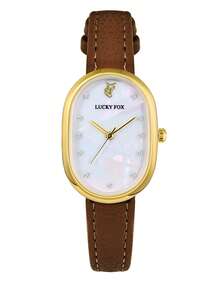Reloj de pulsera ovalado de nácar blanco para niñas LUCKYFOX, regalo de caja para estudiantes, uso diario y vacaciones - Marrón - Ver 6