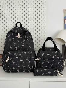 3pcs Nylon Bowknot Print Backpack Set, Foldable Multi-Pocket Large Capacity Zipper Backpack, Suitable For Teenagers And High School Students - Black - View 11