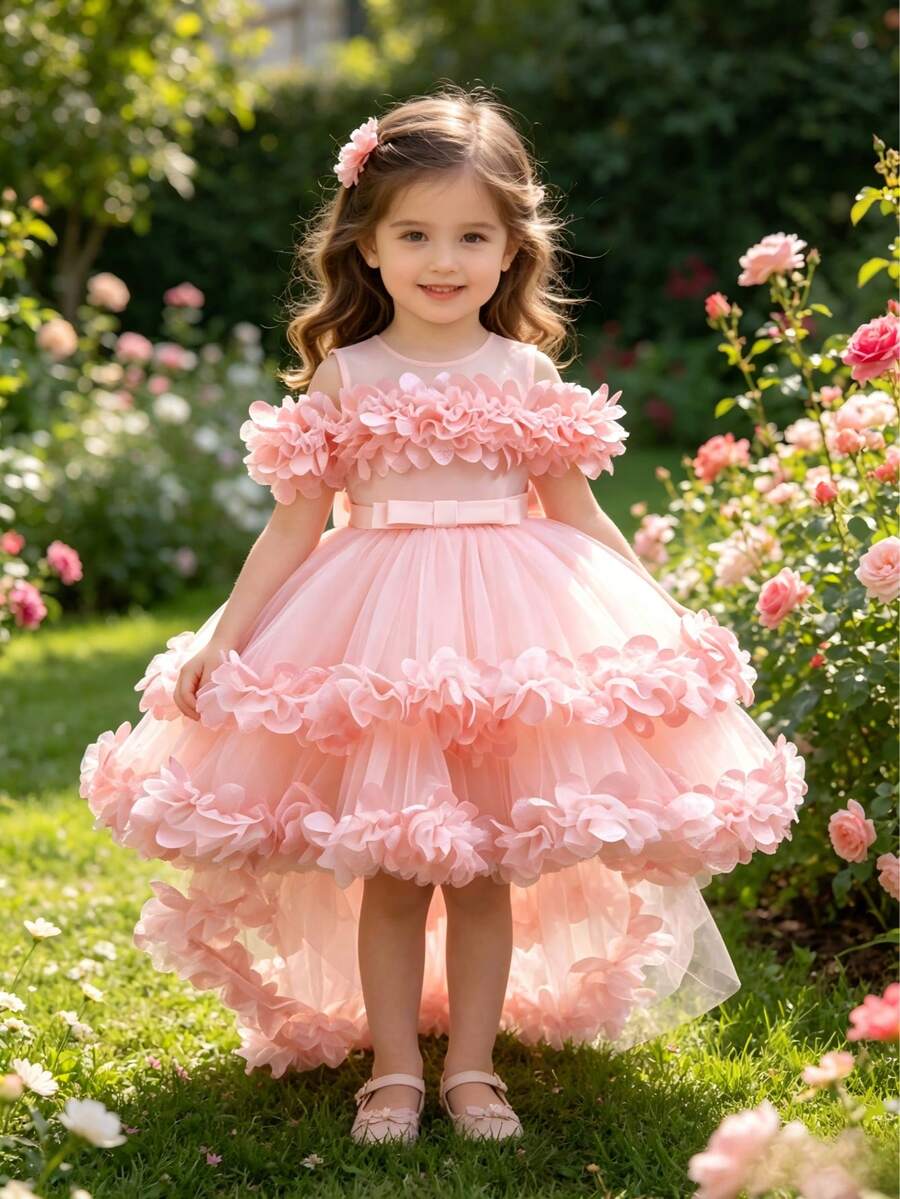 Falda esponjosa de lujo para niños, vestido floral con hombros descubiertos, vestido con cola para fiesta de cumpleaños de niña - Rosa - Ver 1