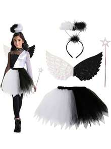 1 Set Costume d'Ange Noir et Blanc de Haute Qualité, Accessoires de Déguisement pour Fête de Vacances et Mascarade, Ensemble Polyvalent de Robe de Fée Magique avec Ailes, Tenue de Performance de Groupe sur Scène, Jupe TU, Couronne d'Ange, Ailes d'Ange Noir et Blanc, Jupe en Tulle, Ensemble 4 Pièces - Noir et Blanc - Voir 2