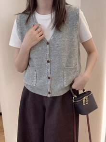 女款羊毛混紡針織秋冬簡約休閒拼接設計V領開襟毛衣背心上衣 - 淺灰色 - 查看 3
