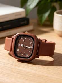 1 Set/1 Piece Women's Three-Color Square Dial Silicone Quartz Watch Set - Versatile Casual Accessory & Birthday Gift - Brown - View 3