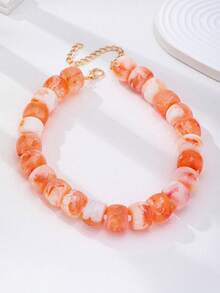 1pc Women's Pink Flat Resin Bead Choker Necklace, Chunky Marble Pattern Bead Personalized Necklace, Versatile Accessory Suitable For Casual, Bridal, Spring Wear - Beaded Necklace - View 4