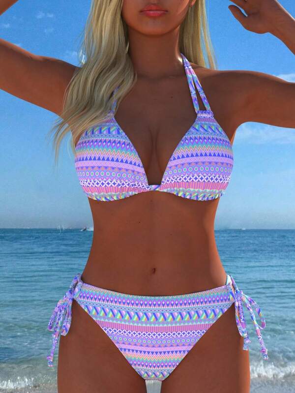 Ensemble de bikini sexy à col licou pour femmes, maillot de bain de plage en tissu imprimé bohème, nouveau maillot de bain tricoté pour vacances d'été et voyages