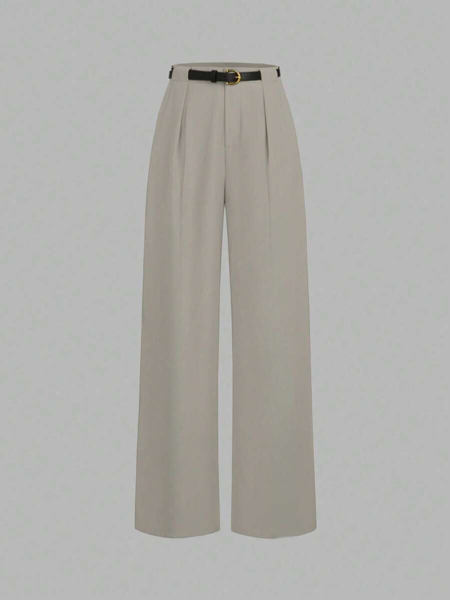 Elegant Solid-Color Mid-Rise Straight-Leg Trousers With Belt For Spring - Apricot - View 1