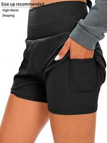1pc Women Solid Color 2 In 1 Pocket Tight & Lift Sports Shorts, Comfortable & Versatile Nylon Shark Skin Tennis Shorts For Summer - 黑色 - 查看 1