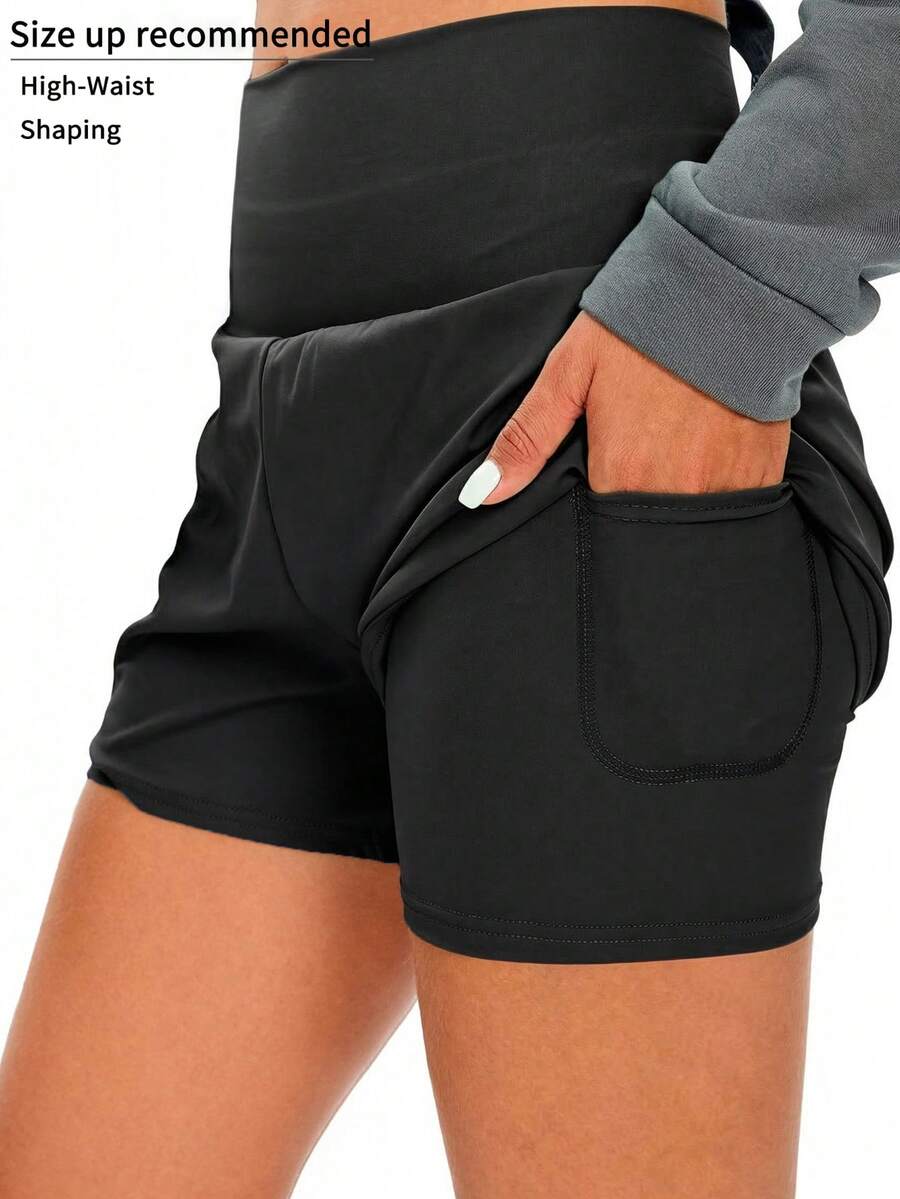1pc Women Solid Color 2 In 1 Pocket Tight & Lift Sports Shorts, Comfortable & Versatile Nylon Shark Skin Tennis Shorts For Summer - 黑色 - 查看 1
