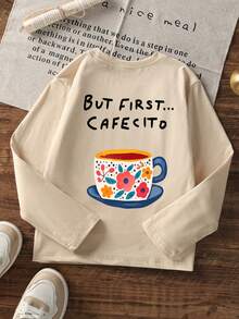Tween Girls Long Sleeve Tee, But First Cafecito Floral Coffee Cup Back Graphic Print, Fall Winter Casual Daily Tops - Apricot - View 3