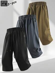 3 piezas Pantalones cortos de verano de 3/4 de largo para hombre talla grande, pantalones casuales con cintura elástica y cordón, pantalones deportivos con bolsillo con cremallera, adecuados para correr y fitness - Multicolor - Ver 1