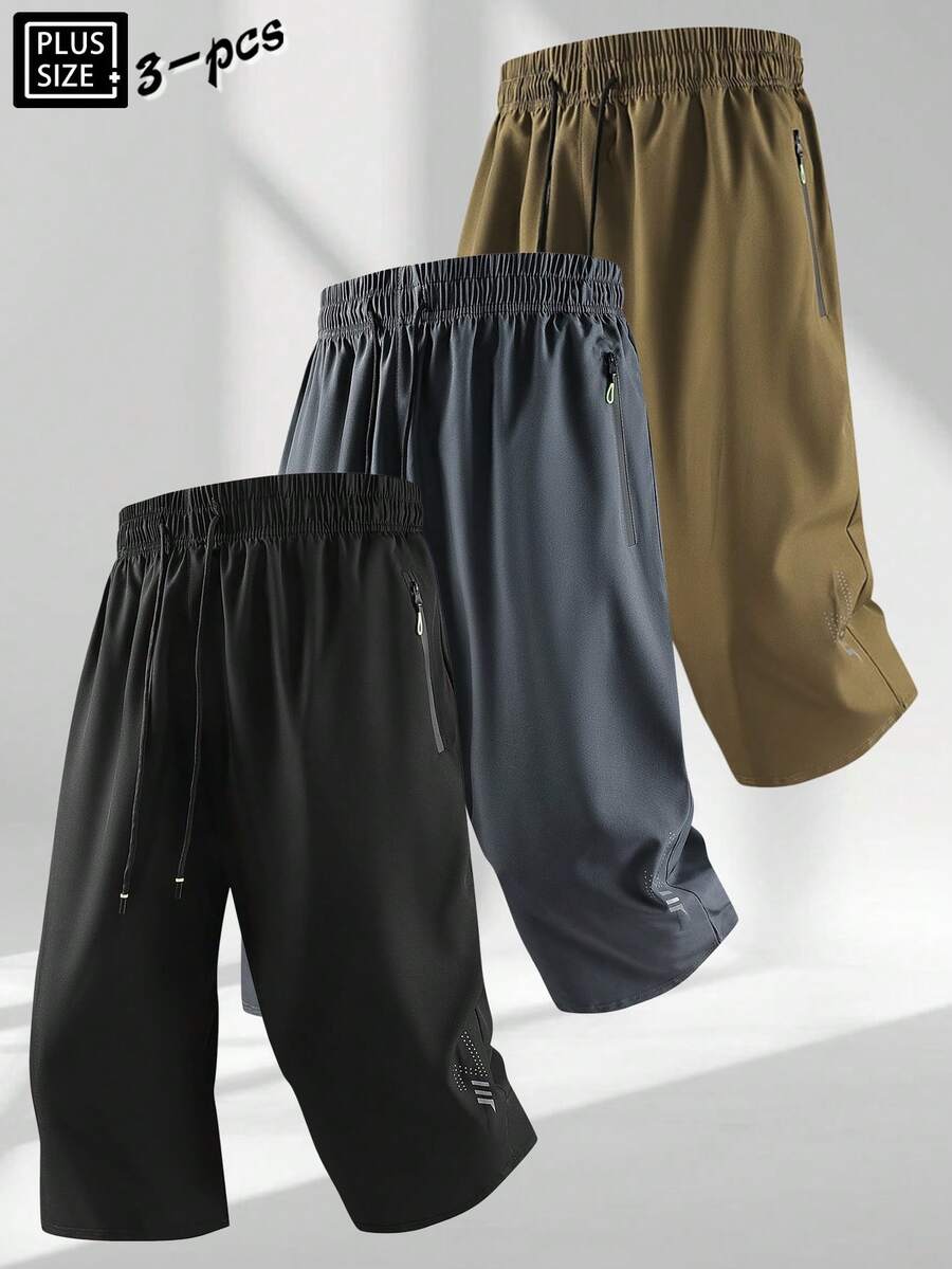 3 piezas Pantalones cortos de verano de 3/4 de largo para hombre talla grande, pantalones casuales con cintura elástica y cordón, pantalones deportivos con bolsillo con cremallera, adecuados para correr y fitness - Multicolor - Ver 1