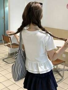 女款白色短袖蕾絲下擺T恤，標準肩寬，圓領，夏季上衣 - 白色 - 查看 3