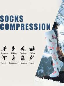 3 Pairs Floral Pattern Compression Socks For Women, Graduated Support Socks For Nurses Running Sports - Blue - View 3