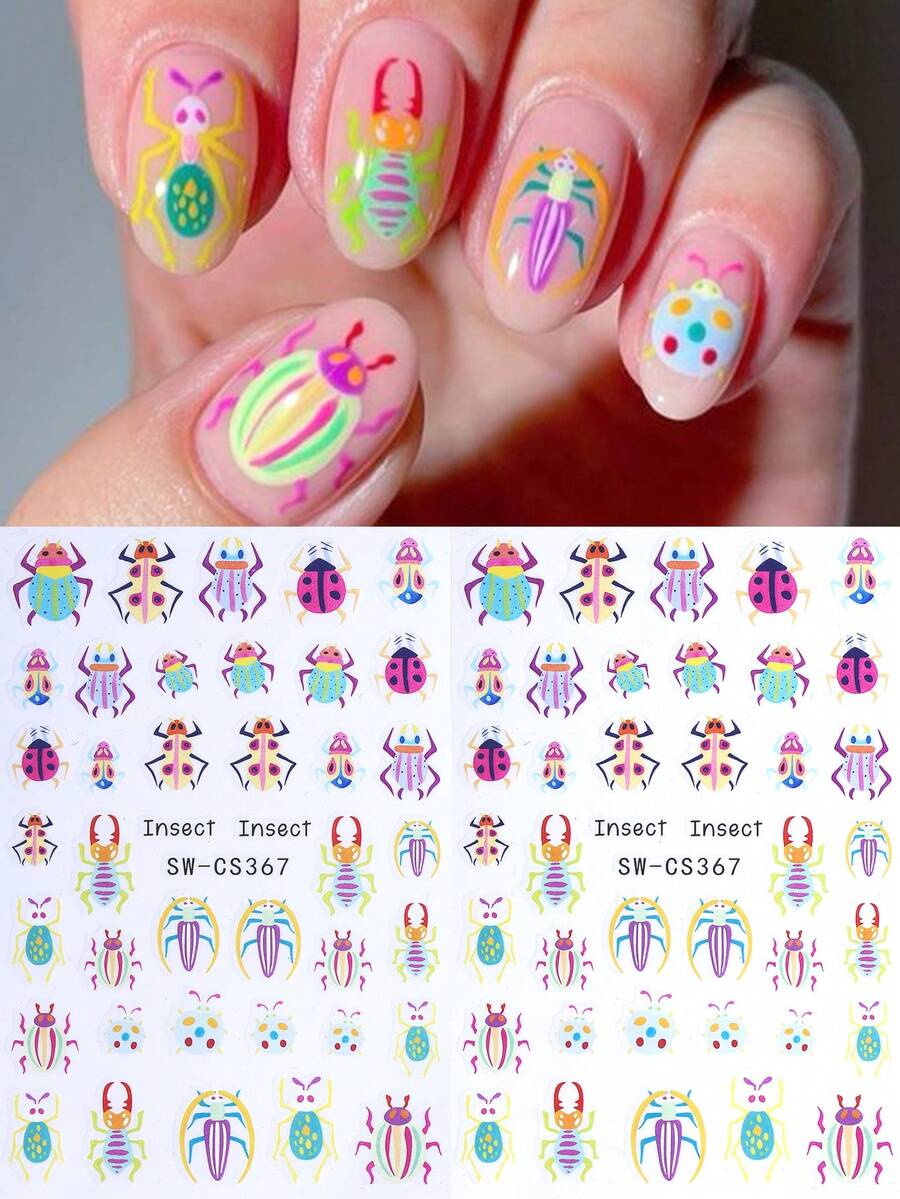 SWEET TREND 3D Cartoon Insect Nail Stickers 2pcs/Pack, Skull, Ladybug, Spider Wild Animal Design, DIY Autumn/Winter Halloween Y2K Gothic Style Self-Adhesive Nail Decals, Salon Nail Art Tips Nail Decoration - Multicolor - View 1