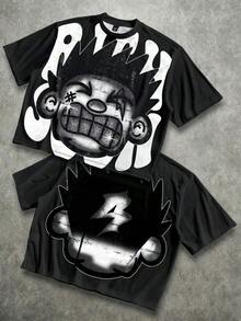 Manfinity Roghcode Men's Oversized Distressed Funny Diamond Teeth Tattoo Big Face Allover Print Cropped Loose T-Shirt (High Quality) - Black 5 - View 17
