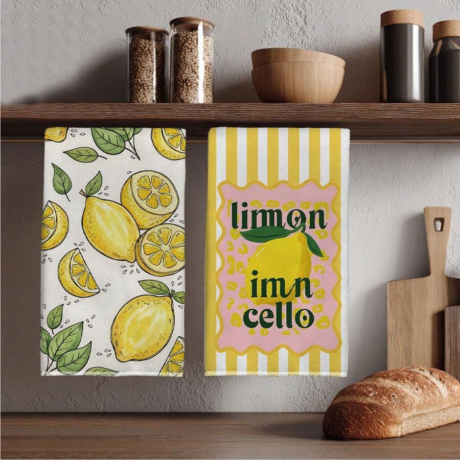 2 PIEZAS Toallas de cocina rectangulares de microfibra de 40*60cm con estampado de patrón de limones a rayas verdes frescas, estilo moderno pastoral de granja, paños de cocina, manteles, toallas de mano, decoración de cocina, decoración del hogar, regalo de inauguración de casa para vecinos, perfecto para uso en cocina y baño, ideal para amas de casa y regalos de reuniones familiares, alta relación costo-beneficio, esencial para el hogar - Dorado - Ver 1