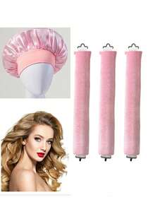 4 Pcs/Set Hair Curling Set: 1 Satin Brim Hat + 3 No-Heat Hair Curling Rods. Classic Solid Color Elastic Soft Sleep Cap, Shower Cap, Faux Silk Women's Hair Turban With Elastic Band. Protective Hairstyle For Overnight Waves, Suitable For All Hair Types - Multicolor - View 6