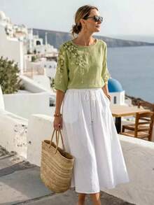 Women's Embroidered Loose Bohemian Vintage Blouse, Casual Spring/Summer Top - Light Green - View 2