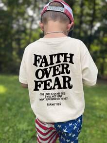 Boys' & Teens' Round Neck Short Sleeve T-Shirt, Summer Top - Comfortable T-Shirt For Kids Who Love Outdoor Adventure! Graphic Tee With "Faith Over Fear" Design - Apricot - View 2