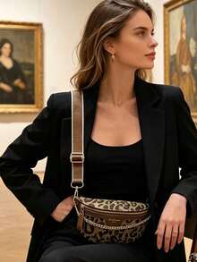 Leopard Print Waist Bag With Chain Decoration, Adjustable Wide Strap Crossbody Waist Bag For Women, Casual Chest Bag For Daily And Travel - Brown - View 6