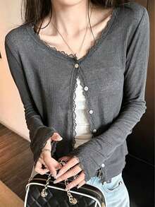 春夏季新款蕾絲拼接荷葉邊柔軟針織開襟外套輕量防曬上衣女款 - 深灰色 - 查看 2