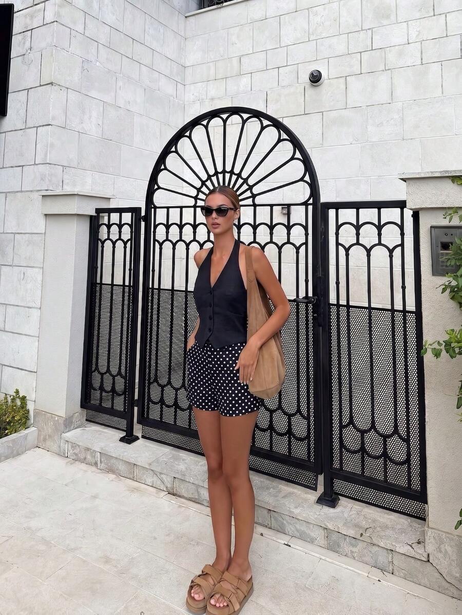 New Autumn Women's Polka Dot Print Shorts Casual Elegant Commuter Style Shorts Summer Black - Black - View 1