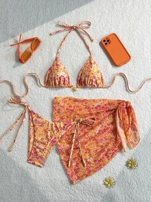 Swim Mod Set de 3 piezas de traje de baño de vacaciones de verano en la playa con parte superior tipo halter con textura floral y decoración de flores doradas, pantalones cortos con lazo lat - Multicolor 4 - Ver 13