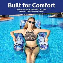 1pc Inflatable Water Floating Lounge Chair With Headrest & Armrest, Foldable Pool Inflatable Recliner Chair,Tropical Print Swimming Floating Bed For Beach Pool Party Vacation,Blue&Green&Red - Leaf - View 2