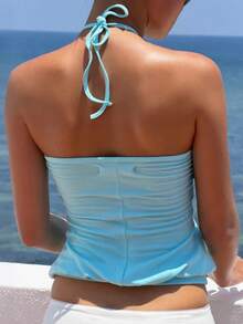 Kliou Elegant Basic Hottie Backless Tank Top Women Sexy Halter Bandages Ruched Patchwork Sleeveless Fashion Simple Party Street Clubwear Vest - Blue - View 3