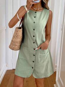 Vestido mini casual con botones y bolsillos para mujer - Azul - Ver 7