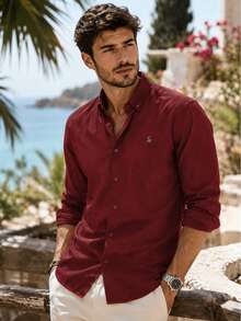 Camisa casual y versátil de unicolor para hombres - Burdeos - Ver 2