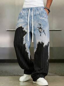 Fractyr Men's Frayed Denim Striped Patchwork Wide Leg Pants, Elastic Waist Gothic Pendant Print Casual Street Style Long Pants - Black - View 4